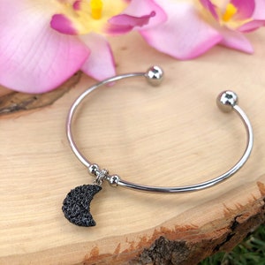 Dainty Black Tourmaline Bracelet Crescent Moon Cuff for Women Stainless Steel Bangle Celestial October Birthstone Protection Grounding Gift