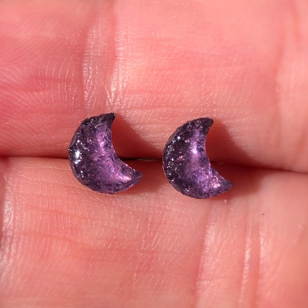 Tiny Purple Amethyst Moon Studs, Crescent Stud Earrings, Half, Gemstone, Raw Crystal, Natural Stone,Rock,Cluster,Protection,Calming,Presents