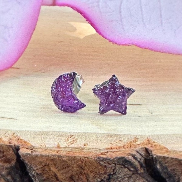 Tiny Amethyst Star & Moon Studs, Raw Crystal Mismatched Celestial Stud Earrings, Natural Stone Crescent Studs,Gemstone Protection Studs Gift