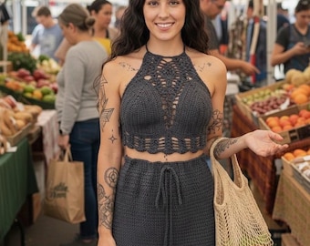 Black Crochet Halter Top & Skirt Set, Size Medium