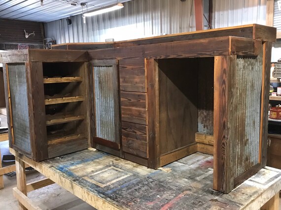 Rustic Barnwood L Bar With Wine Rack Cabinet Drawers Etsy