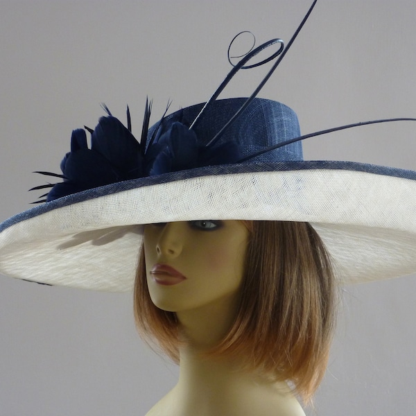 MADE TO ORDER - large - navy - blue - ivory - cream - hat - wedding - mother of the bride - Ascot - races - feathers - headpiece