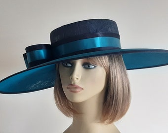 MADE TO ORDER - Large - navy - blue - teal - boater - sinamay - hat - wedding - mother of the bride - Ascot - races - occasion - turquoise