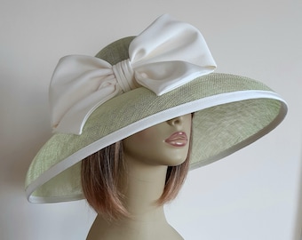 MADE TO ORDER - Mint - green - ivory - Audrey Hepburn - sinamay - bow - occasion - hat - wedding - mother of the bride - Ascot - races