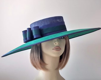 MADE TO ORDER - Large - navy - blue - emerald - bottle - green - boater - sinamay - hat - wedding - mother of the bride - Ascot - races