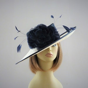MADE TO ORDER - Navy - ivory - sinamay - wedding - occasion - hat - mother of bride - Ascot - races - headpiece - feathers - blue - cream