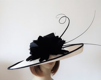 MADE TO ORDER - large - black - ivory - cream - hat - wedding - mother of the bride - Ascot - races - feathers - headpiece