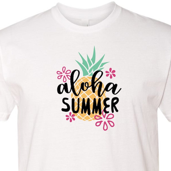 Aloha Summer T-Shirt Hello Hot Sun Beach Vibes Island Ocean Pineapple Flowers Vacation Boat Ship Cruise Lake Swim BBQ Backyard Grill Party