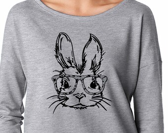 Rabbit Glasses Women's 3/4 Sleeve Raglan Easter Egg Bunny Ears Party Spring Gift Reading Books Scholar