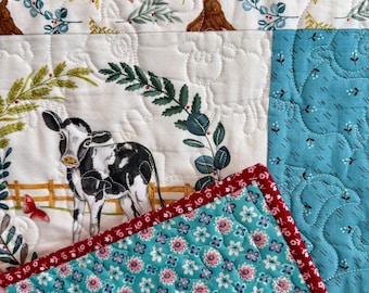 Handmade Farm Animal Baby Quilt – Pink Cow and Pig Nursery Blanket (45x36 inches)