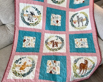 Handmade Highland Cow Baby Quilt – Pink Farm Nursery Blanket (45x34 inches)
