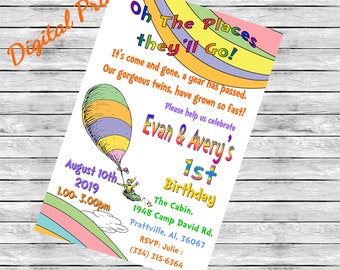 The Places You will Go Twins Birthday Invitation - Twins Birthday - Birthday - Hot Air Balloon - - Digital File