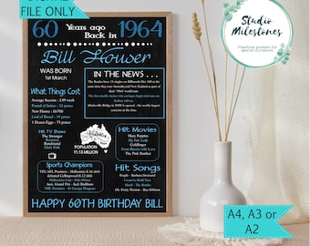 60th Birthday Gift 1964 Poster Sign // Born in 1964 // Flashback 60 Years Ago // Birthday Gift // Digital Printable File -AUSTRALIAN EDITION