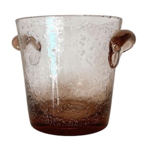 Vintage Biot ice bucket, mouth-blown parma pink bubble glass, signed France, 1960s, retro table decor, crafts
