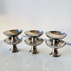 Set of 6 stainless steel ice cream bowls on foot - Guy Degrenne - Stainless steel dessert set, made in France, vintage gift idea