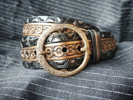 Geometric Pattern Belt with Brass Buckle Leather Belt Aztec Pattern / Men main image 2