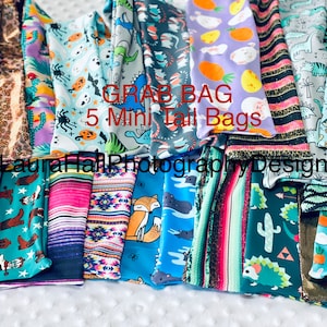 May include: A set of five mini tail bags with various colorful patterns. The bags are made of fabric and have different designs, including a cactus, a dinosaur, a pineapple, and a geometric pattern. The text "Grab Bag 5 Mini Tail Bags" is printed on the top of the bags.