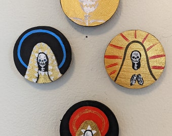 Santa Muerte painted wood magnets and wall hanging collection