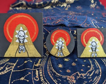 Red Halo Santa Muerte wood magnet painting and wall hanging/ 3' and 2"