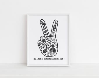 Raleigh, Noord-Carolina vrede print | Noord-Carolina | Raleigh-kunst | Pictogrammen | Afdrukbare kunst | Galerij kunst aan de muur | Kunst aan de muur | Directe download