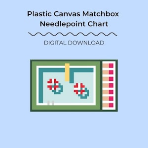 May include: Digital download of a plastic canvas matchbox needlepoint chart. The design features a green and teal rectangle with two red and white floral patterns. The text "Plastic Canvas Matchbox Needlepoint Chart" and "Digital Download" are displayed.