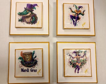 Mardi Gras Canvas Art, Fleur De Lis Charm, Wall & Shelf Decor