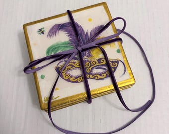 Mardi Gras Ceramic Coasters with Cork Base (Comes Boxed With Fleur De Lis Charm )