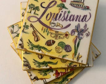 Louisiana Ceramic Coasters with Cork Base (Comes Boxed With Fleur De Lis Charm )
