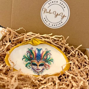 Mardi Gras Shell Trinket Dish or Shelf Decor with Acrylic Stand, Gold Leaf Accent with glass overlay. image 5