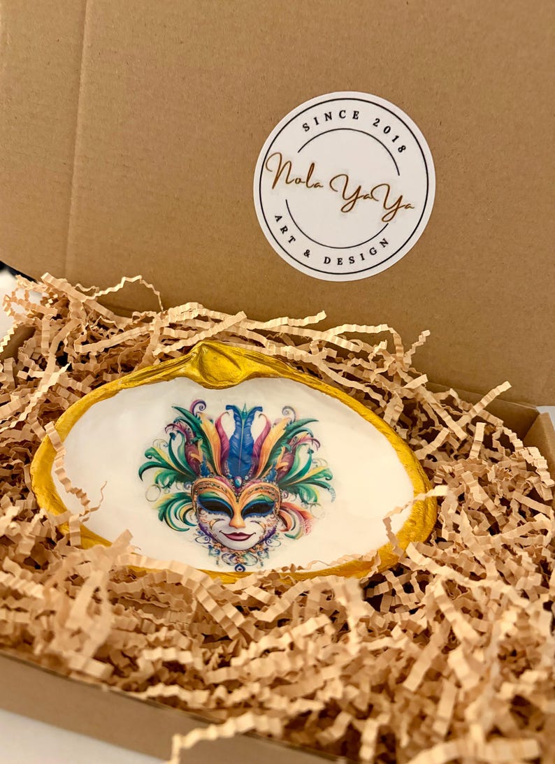 Mardi Gras Shell Trinket Dish or Shelf Decor with Acrylic Stand, Gold Leaf Accent with glass overlay. image 5