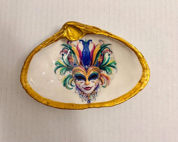 Mardi Gras Shell Trinket Dish or Shelf Decor with Acrylic Stand, Gold Leaf Accent with glass overlay.
