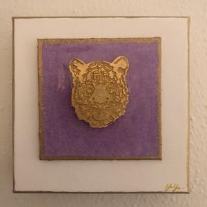 LSU Tiger Gold on 6x6 White Canvas with 4x4 Purple Canvas Glass Overlay (Comes Clear Wrapped with Tiger Charm)