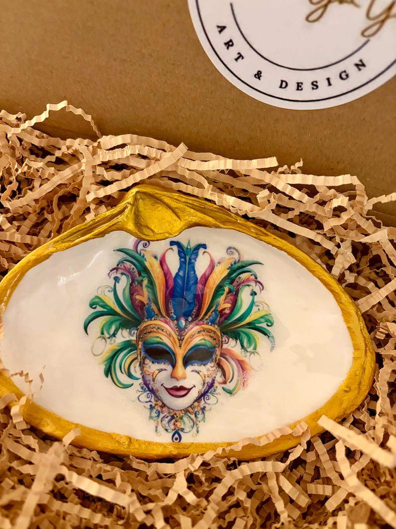 Mardi Gras Shell Trinket Dish or Shelf Decor with Acrylic Stand, Gold Leaf Accent with glass overlay. image 7