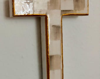 Khaki and White Wall Cross with Resin Overlay (Comes Clear Wrapped with Cross Charm)