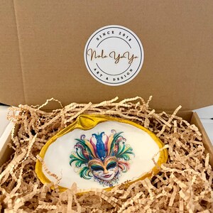 Mardi Gras Shell Trinket Dish or Shelf Decor with Acrylic Stand, Gold Leaf Accent with glass overlay. image 6