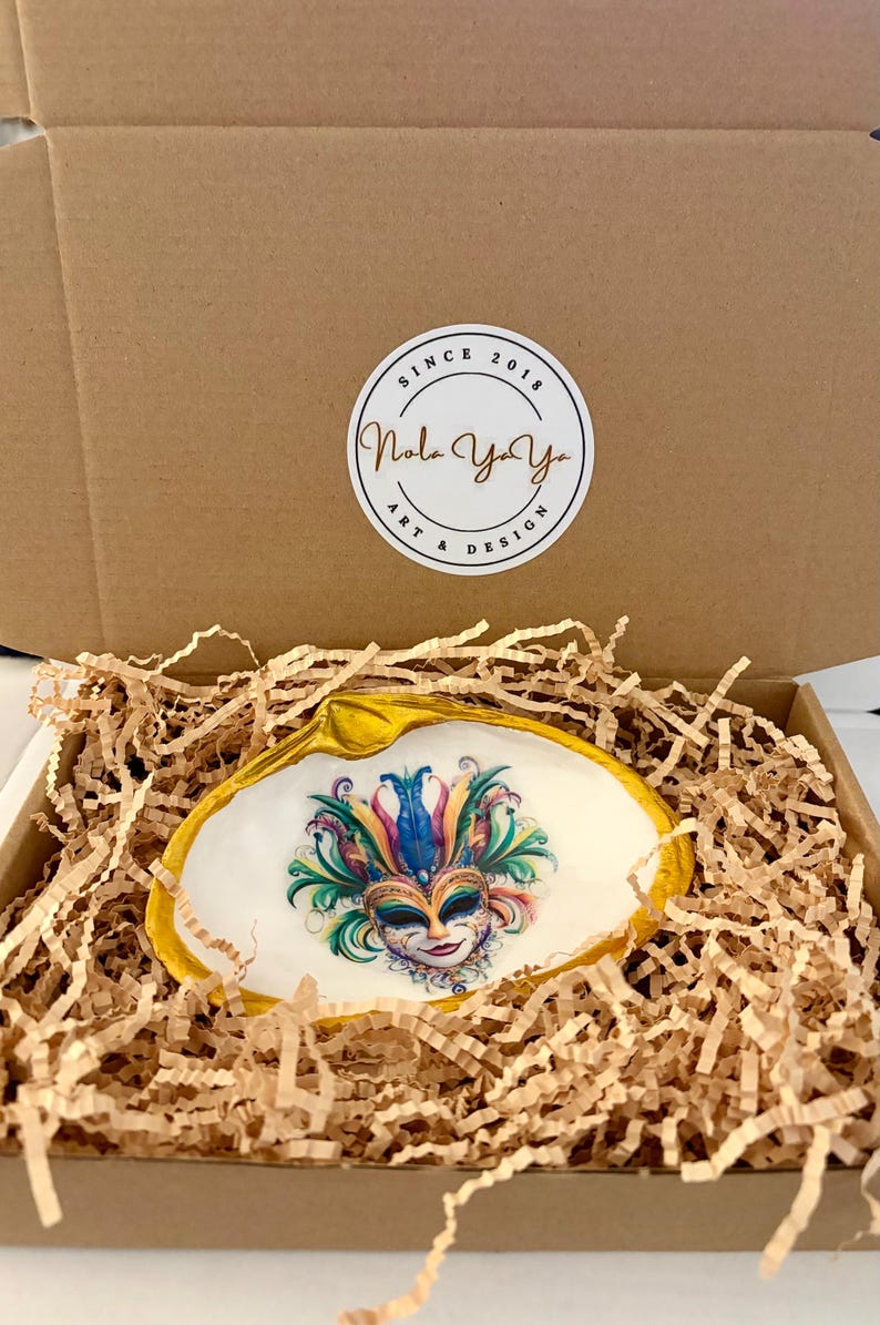 Mardi Gras Shell Trinket Dish or Shelf Decor with Acrylic Stand, Gold Leaf Accent with glass overlay. image 6