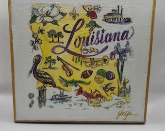 Louisiana on White 6x6 Canvas  (Comes Clear Wrapped with Fleur De Lis Charm)