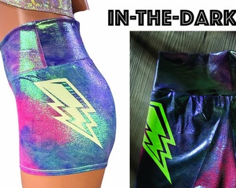 Glow-in-the-Dark Roller Derby Shorts - Lightning Rainbow Holographic High-Waisted Booty Shorts - Festival, Rave Clothing, Dance