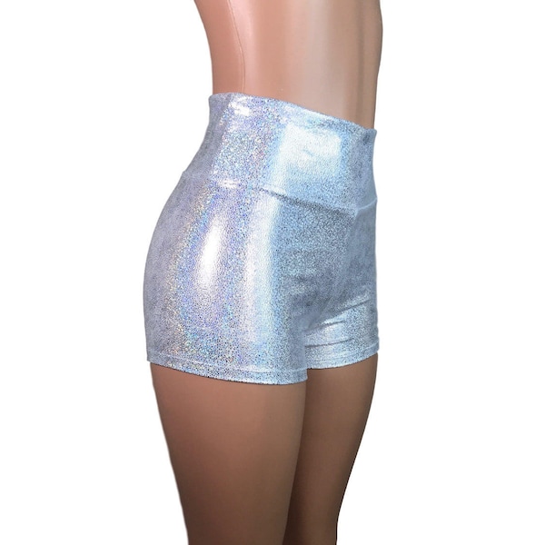 Silver Holographic Holo High Waisted Booty Shorts - club or rave wear - Crossfit - Running - Roller Derby