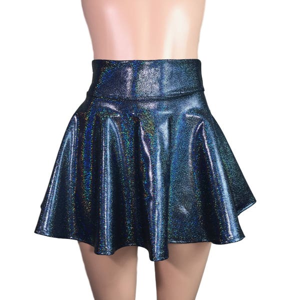 Black Holographic High Waisted Skater Skirt - Clubwear, Rave Wear, Mini Circle Skirt