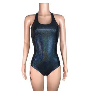Black Holographic Bodysuit Leotard, Bathing Suit - bodycon Clubwear, Rave Wear, Activewear, Running, Yoga, crossfit
