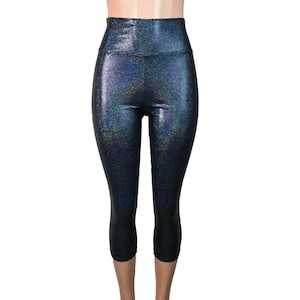 Black Holographic Cropped Capri Leggings Pants  - Yoga, Rave, Festival, EDM, 80s Clothing - High Waisted