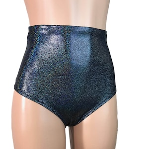 Black Hologram High Waisted Booty Shorts Hot Pants - club or rave wear - Crossfit - Running- Roller Derby