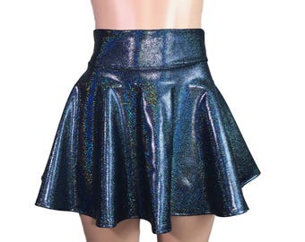 Black Holographic High Waisted Skater Skirt - Clubwear, Rave Wear, Mini Circle Skirt