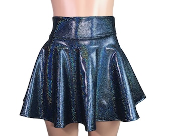 Black Holographic High Waisted Skater Skirt - Clubwear, Rave Wear, Mini Circle Skirt