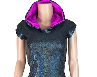 Black Holographic Cap Sleeve Hoodie - bodycon Clubwear, Festival, Rave Wear, Activewear, Running, Yoga