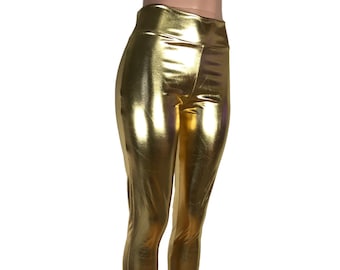 Metallic Gold Leggings Pants - Rave Pants, Festival Clothing, EDM Clothes, 80s Pants - High Waist Leggings