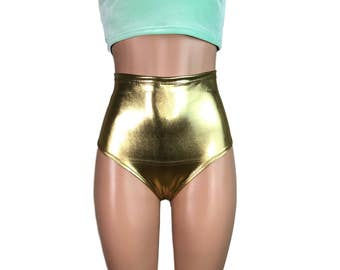 Braguita de bikini de cintura alta con pantalones cortos de bikini de color dorado metalizado - Shorts ajustados - atuendo para festival o rave