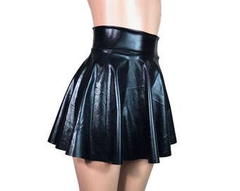 High Waisted Skater Skirt - Black Metallic "Wet-Look" - Faux Leather Mini Skirt