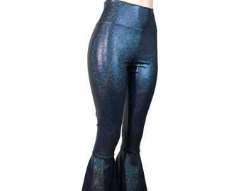 Black Hologram Bell Bottoms - Shimmery Spandex Pants  - Yoga, Rave, Festival, EDM, 80s Clothing - High Waisted